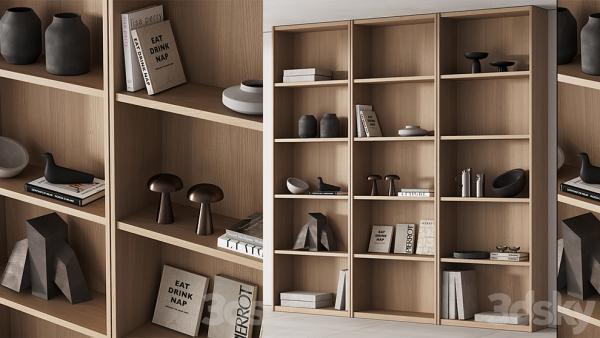 مدل سه بعدی قفسه چوبی کتاب Bookcase and Rack with Decor 01
